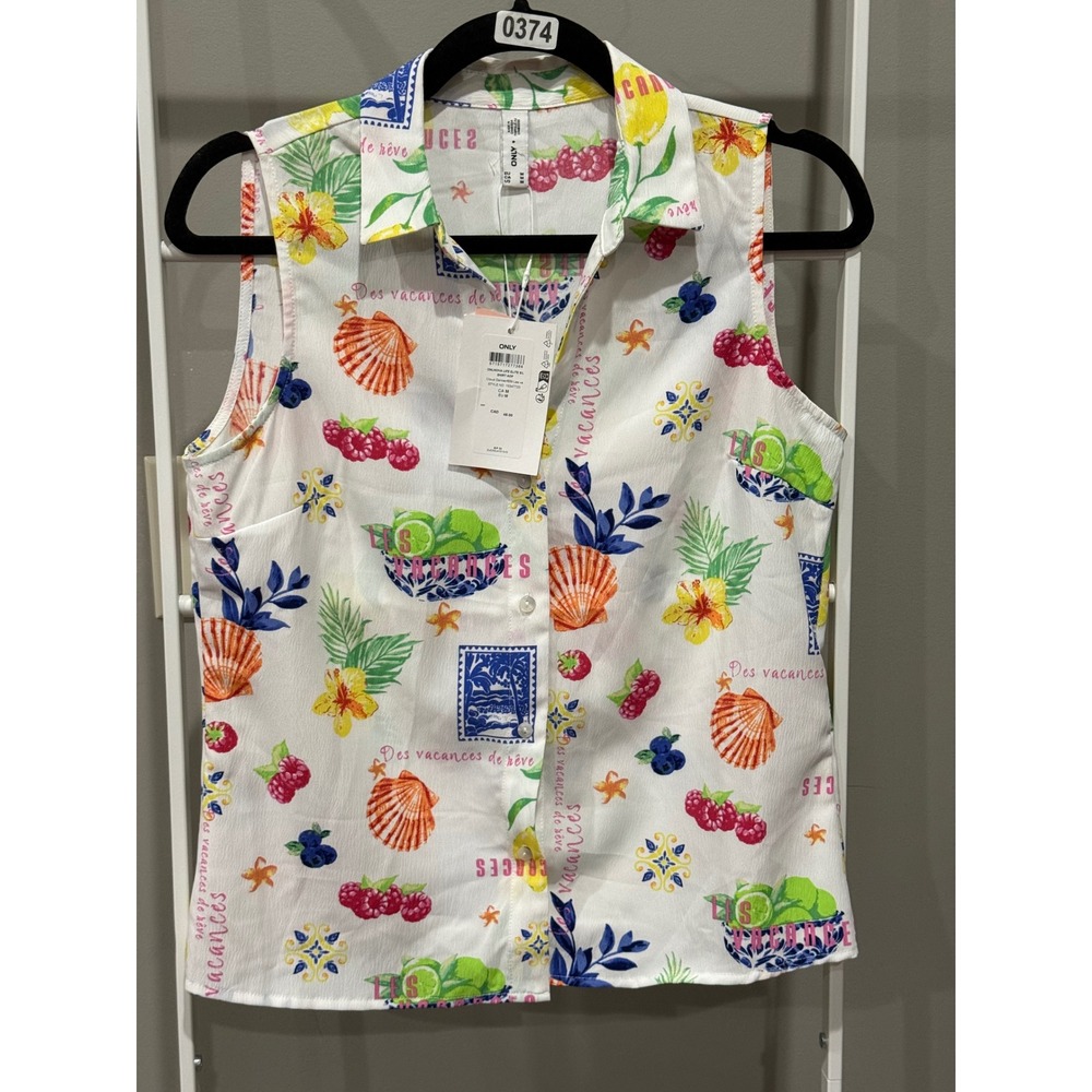 NWT ONLY Sleeveless Button Down Shirt White M Tropicalcore Coconut Girl Resort